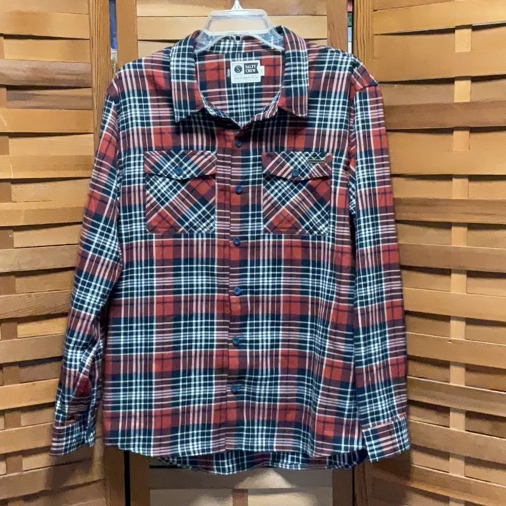 Salty Crew Long Haul Orange Blue White Flannel Shirt Polyester Viscose Women L
